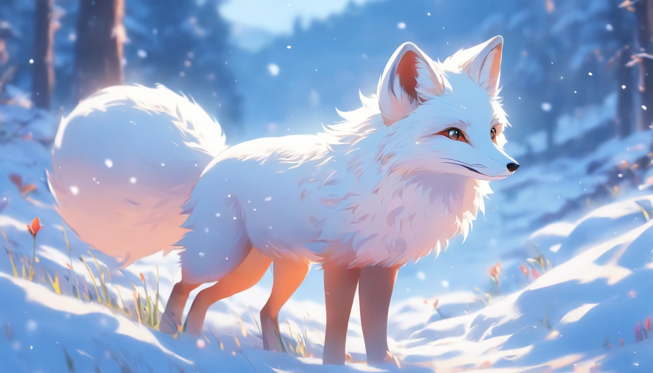 (masterpiece, best quality), a cute white fox roaming at the snowy meadows