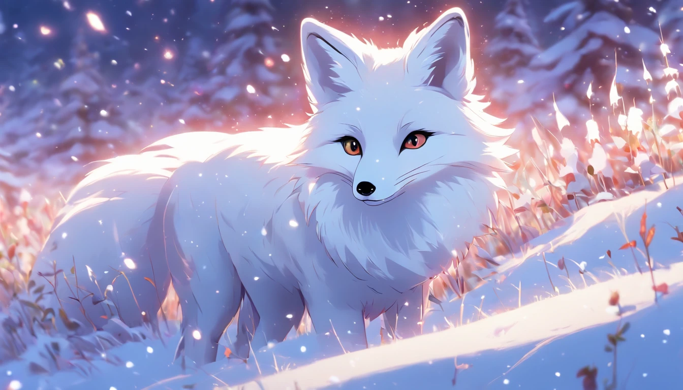 (masterpiece, best quality), a cute white fox roaming at the snowy meadows