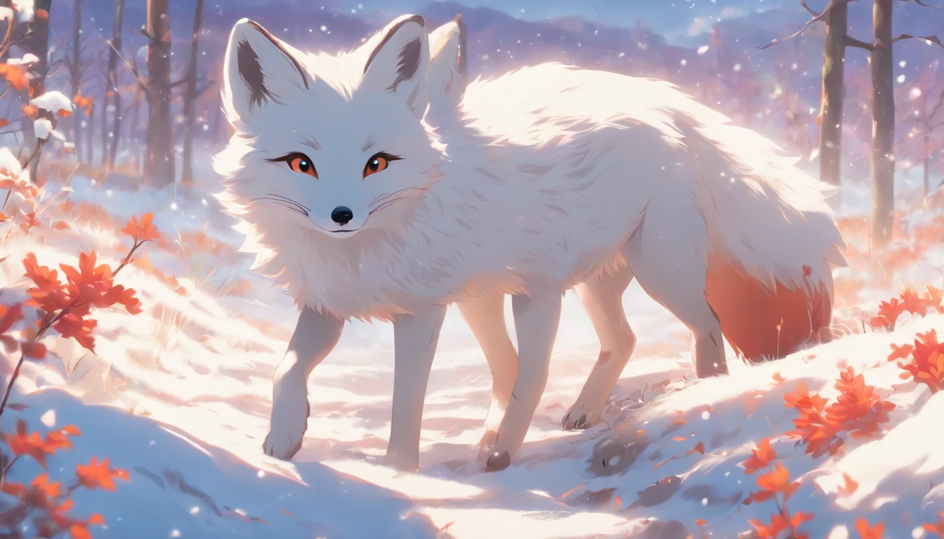 (masterpiece, best quality), a cute white fox roaming at the snowy meadows