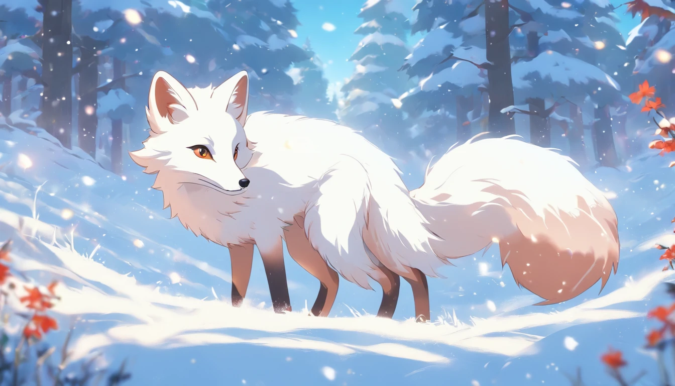 (masterpiece, best quality), a cute white fox roaming at the snowy meadows