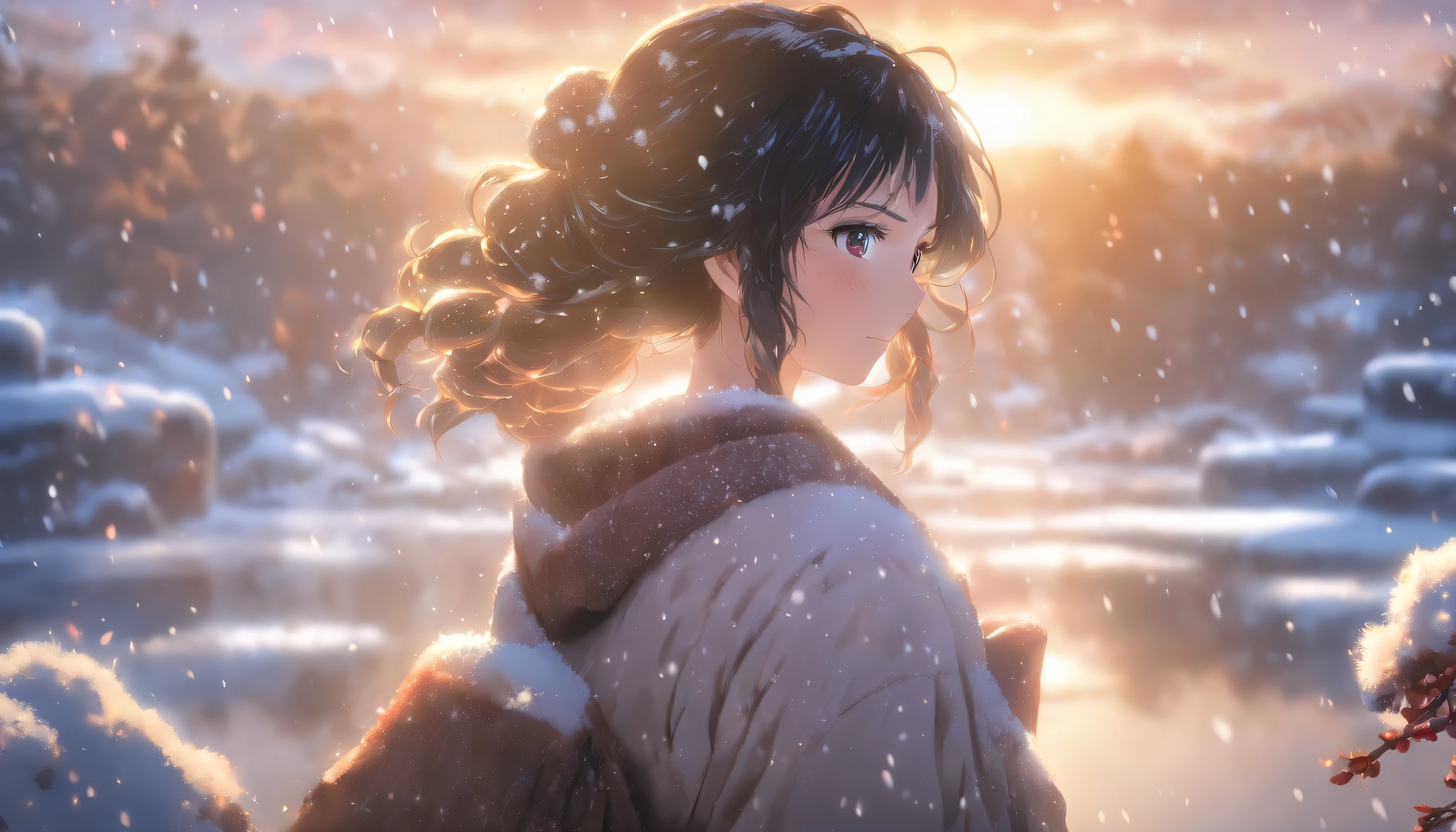 Close-up of the snowy field outside the hot spring seen from behind a black-haired beauty、Spectacular view of hot spring steam and light snow falling、masutepiece、best composition、Photorealsitic、A hyper-realistic