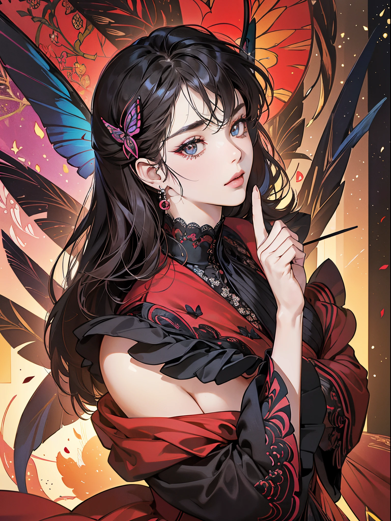 Butterfly motif、scarlet and black tones、Vibrant colors、((masterpiece)))、(((top-quality)))、((ultra-detailliert))、(A hyper-realistic)、(highly detailed CGillustration)、Official art、Paris at the beginning of the 20th century、montparnasse、Decadent、Madame Papillon、Cool Beauty、Masquerade、refinement、Elegance、Gorgeous、Colorful and detailed mask design、matchless beauty、Fans、gorgeous dress、jewely、Female Solo、Perfect Angle、perfect-composition、full body Esbian