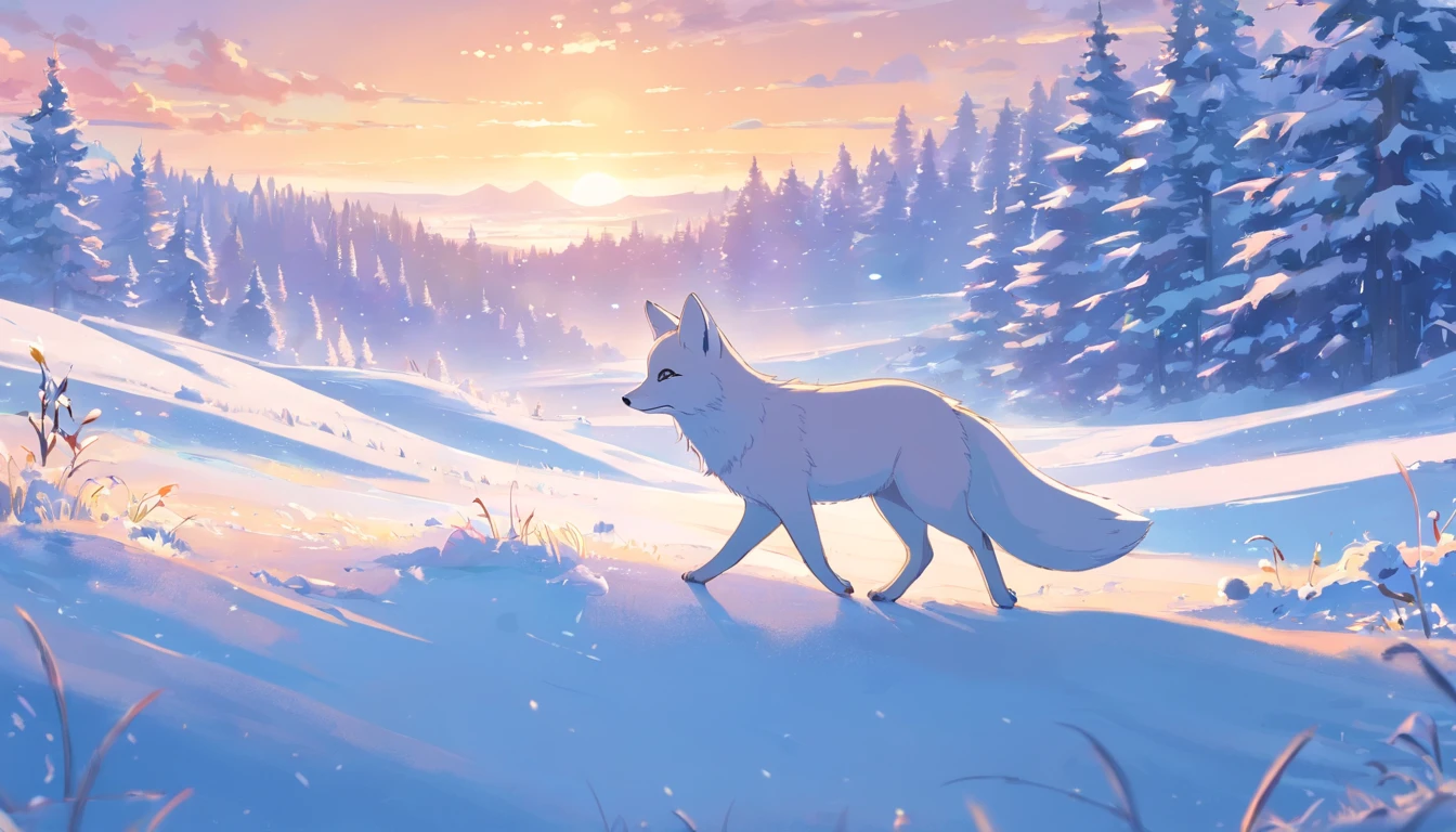 (masterpiece, best quality), a cute white fox roaming at the snowy meadows