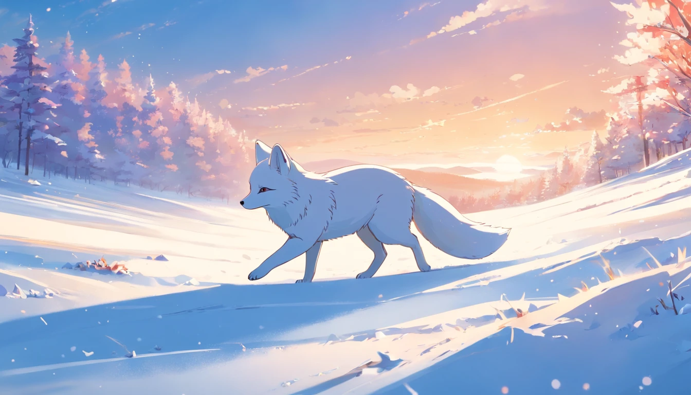 (masterpiece, best quality), a cute white fox roaming at the snowy meadows