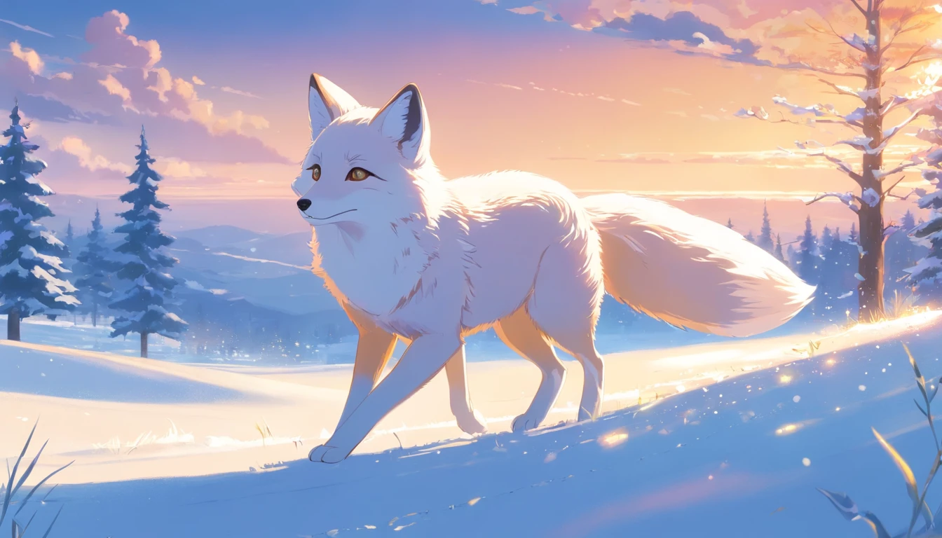 (masterpiece, best quality), a cute white fox roaming at the snowy meadows