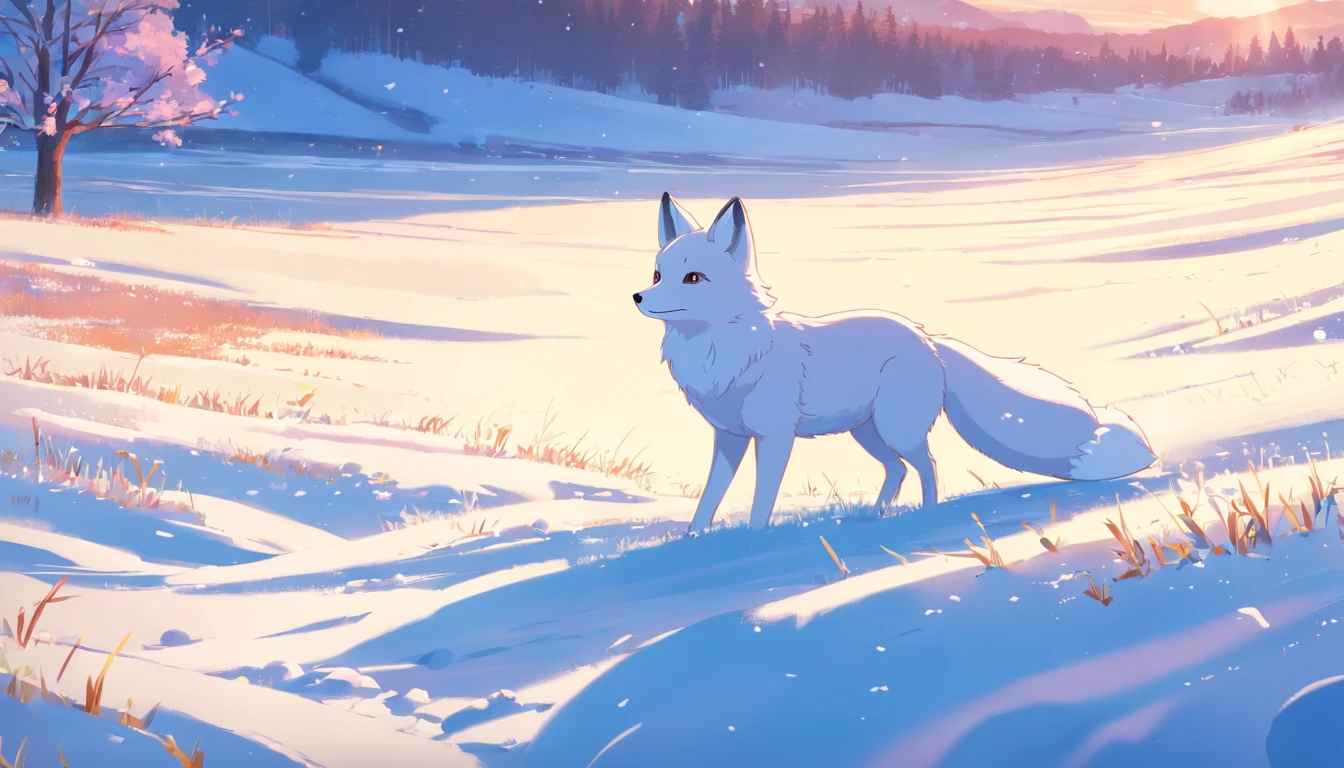 (masterpiece, best quality), a cute white fox roaming at the snowy meadows