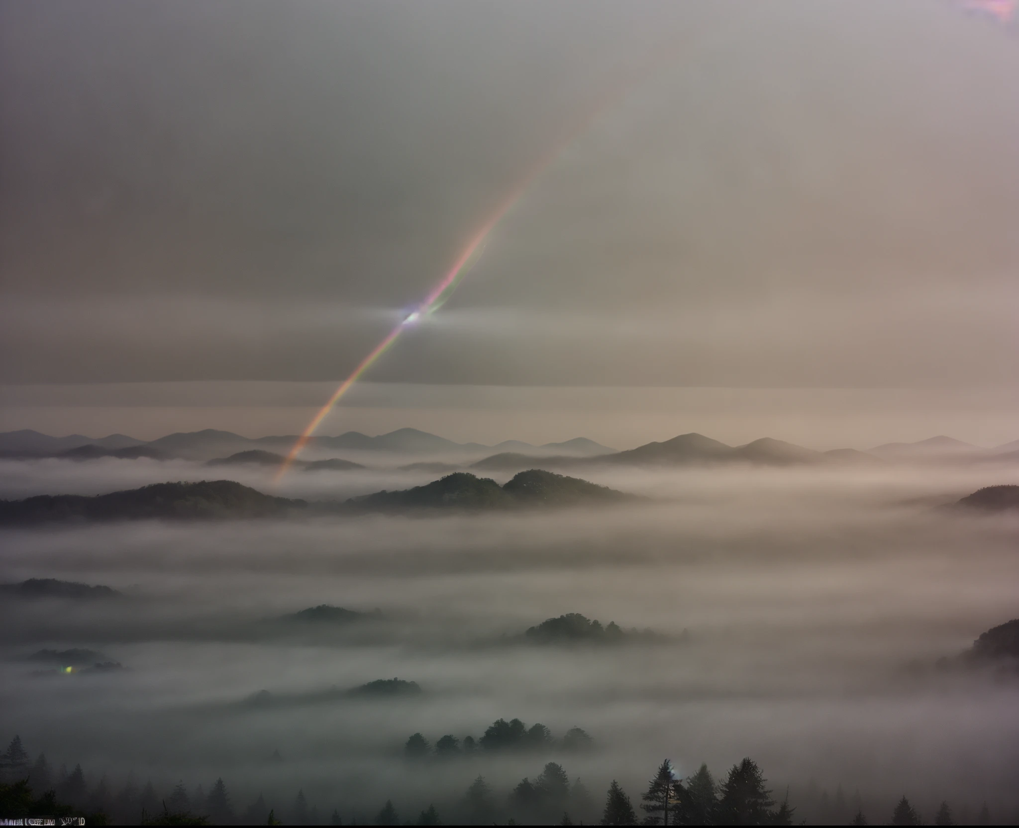 In the misty embrace of a foggy morning, a delicate phenomenon emerges: fogbows, ethereal arcs of pale white light born from foggy droplets. Visually depicted in a breathtaking photograph, the image showcases the subtle beauty of these mystical rainbows. Delicately formed, the fogbows softly shimmer, their light wrapping the surrounding landscape in a tender, otherworldly glow. The details of the fogbows are impeccably captured, revealing their elusive charm with precision and clarity. This remarkable image transports viewers into a hazy world where nature's enchantment plays upon the canvas of reality.
