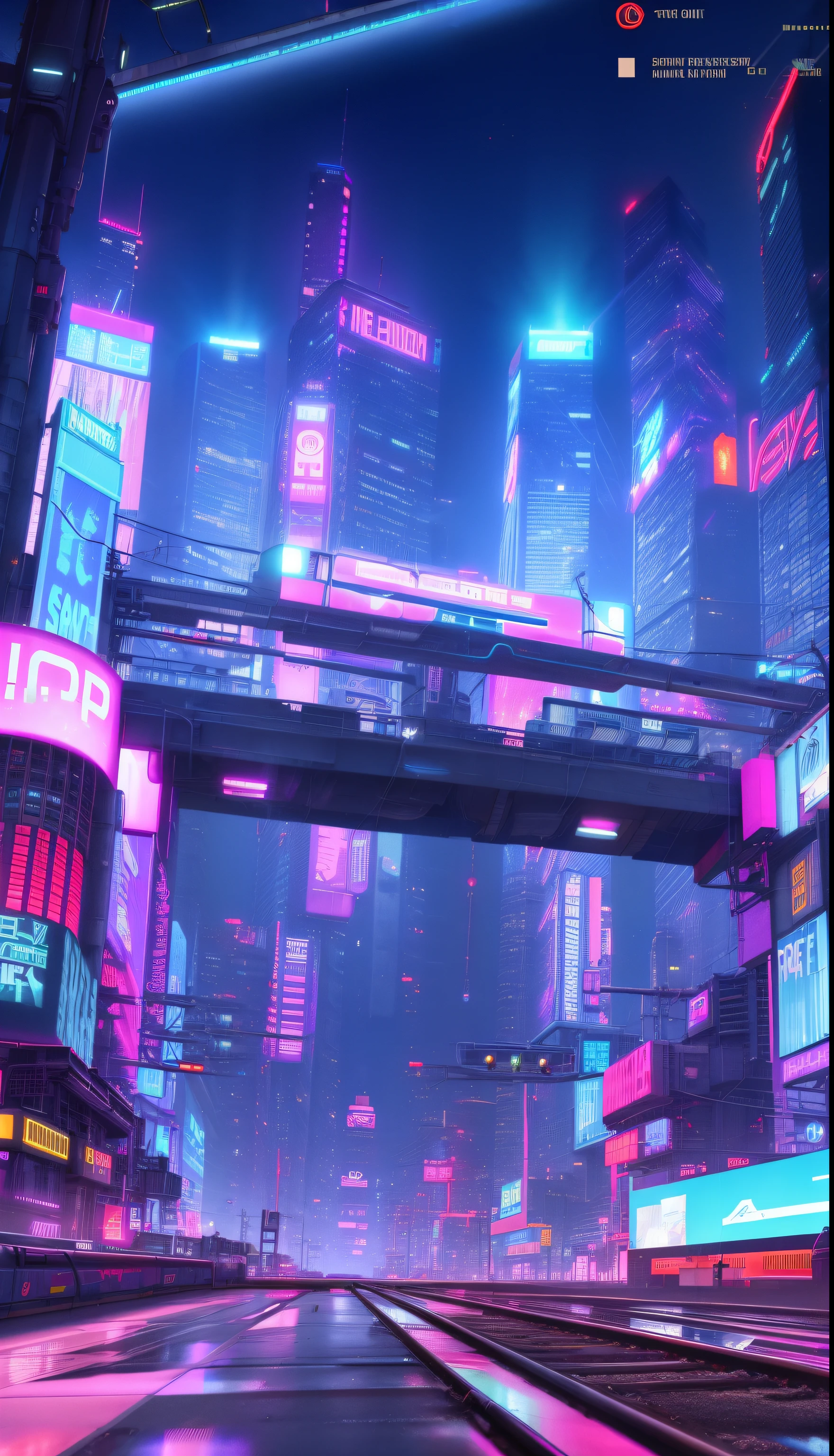 The cities of the future，Neon lights and train passing through the street, cyberpunk dreamscape, In a futuristic cyberpunk city, In the cyberpunk city, Detailed neon cyberpunk city, futuristic street, cyberpunk street, Future Cyberpunk Tokyo Night, cyberpunk artstyle, Fantasy and colorful cyberpunk colors, Cyberpunk bright colors, Cyberpunk city streets, cyberpunk atmosphere, cyberpunk city landscape, cyberpunk neon lights, The city of cyberpunk