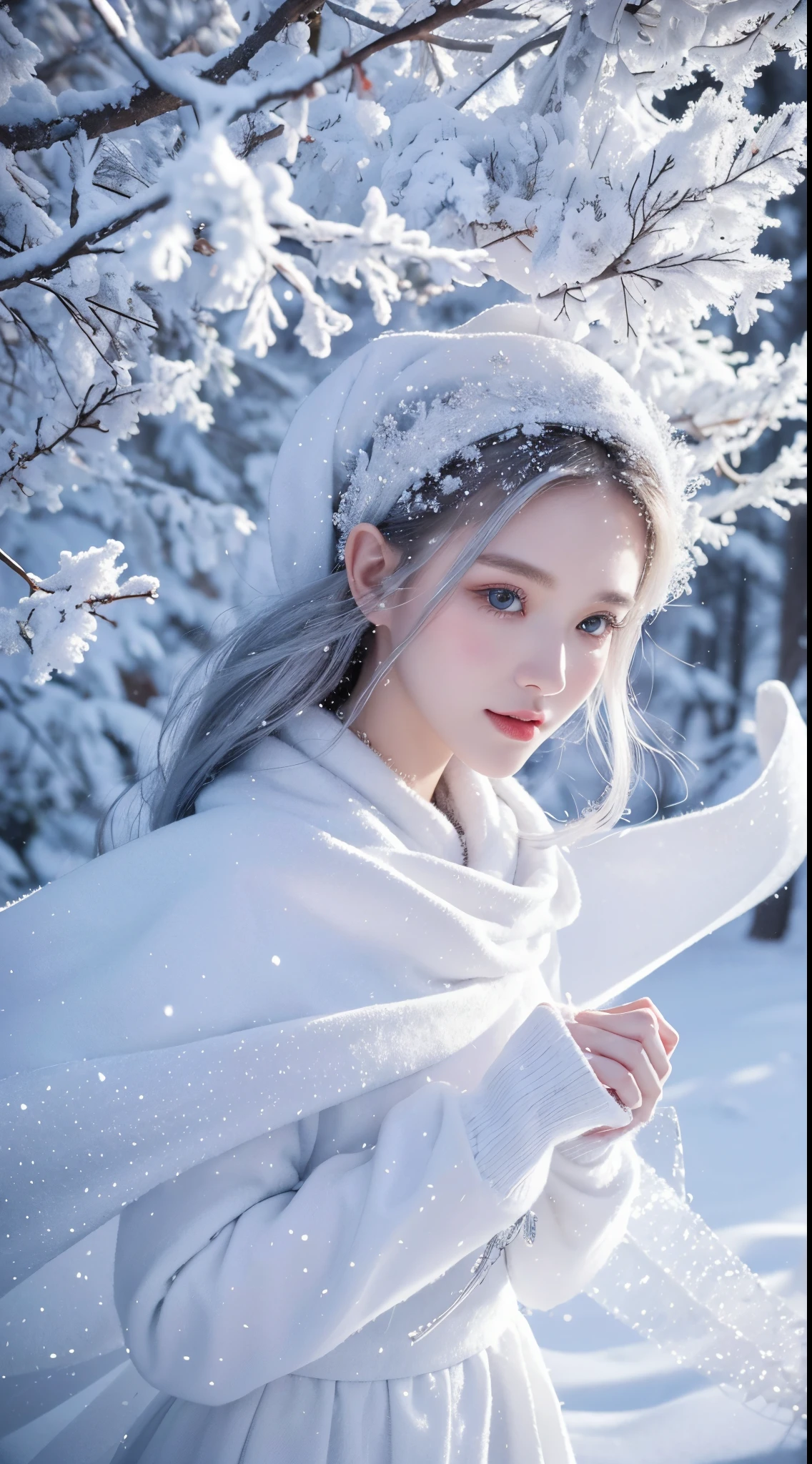 (best quality,highres,ultra-detailed,realistic),white,silver-covered world, snow-covered tree branches, cold winter touch, dancing snowflakes like elves, turning the world into a silver fairy tale, howling cold wind, serene and beautiful snow scenery, heartwarming tranquility