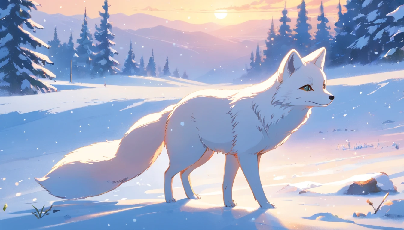 (masterpiece, best quality), a cute white fox roaming at the snowy meadows, heavy snow fall