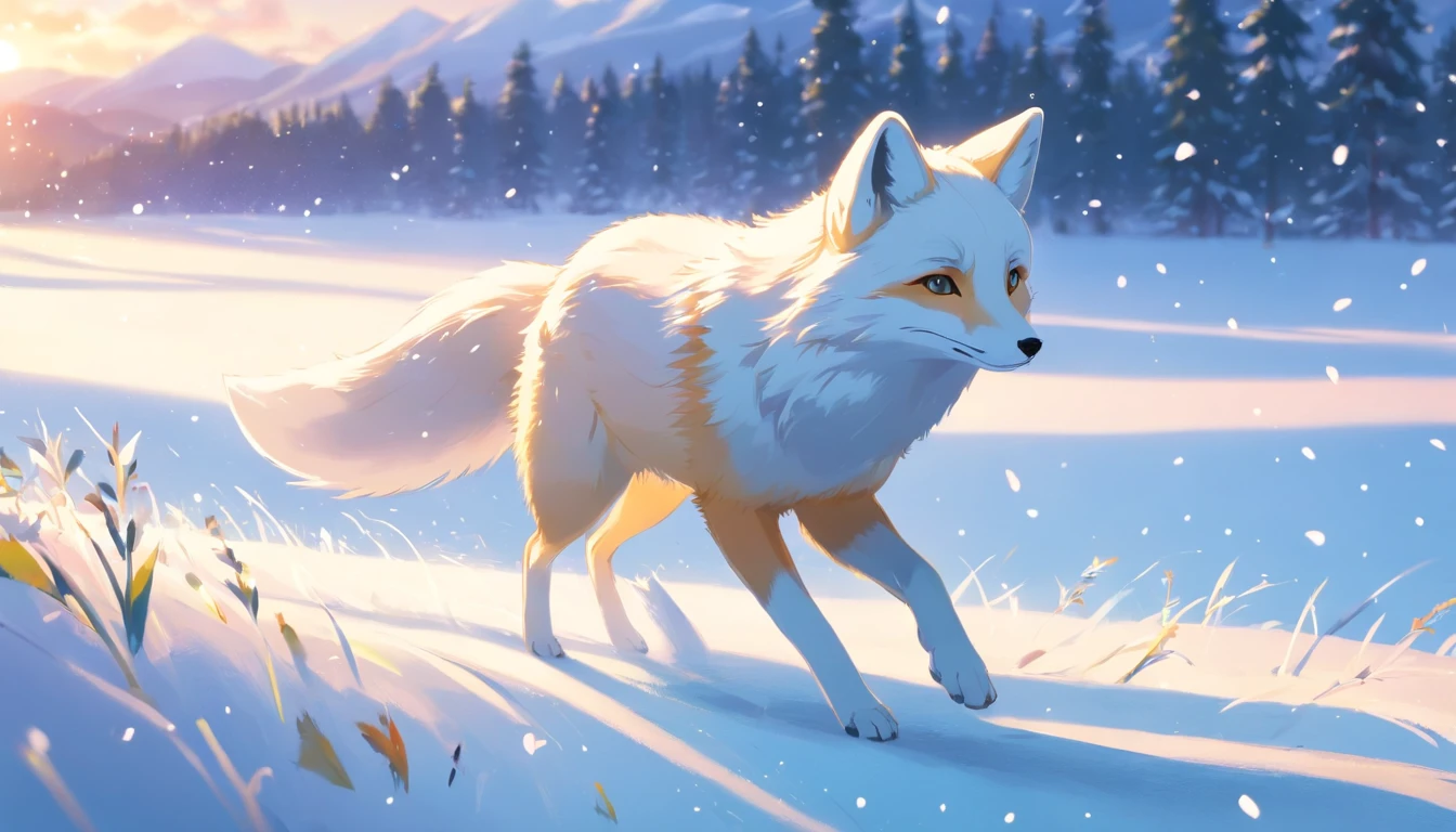 (masterpiece, best quality), a cute white fox roaming at the snowy meadows, heavy snow fall