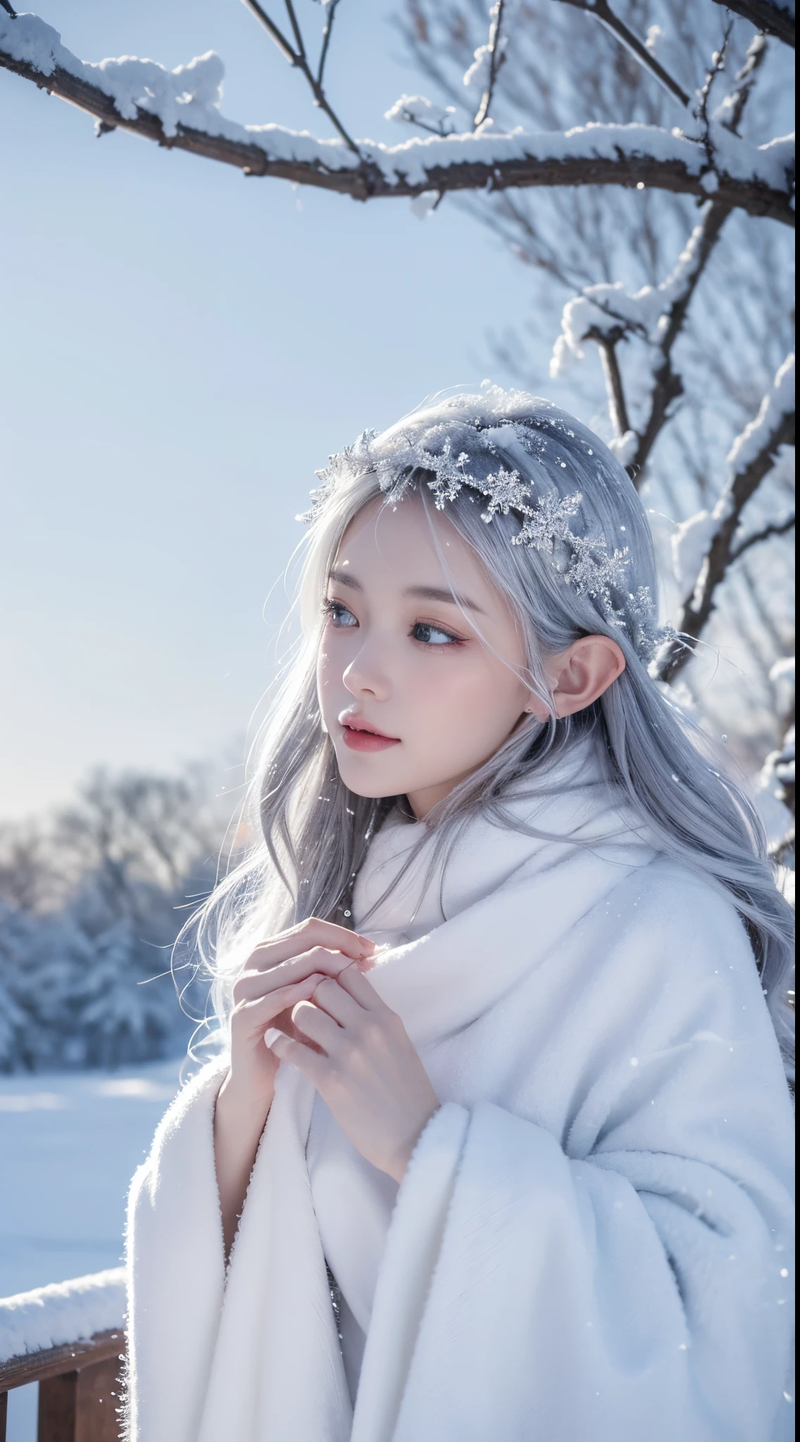 (best quality,highres,ultra-detailed,realistic),white,silver-covered world, snow-covered tree branches, cold winter touch, dancing snowflakes like elves, turning the world into a silver fairy tale, howling cold wind, serene and beautiful snow scenery, heartwarming tranquility