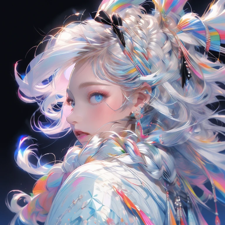 (masutepiece:1.2), Best Quality,Colorful ,Upper body,
1 Model Girl, Solo, Jewelry, earrings, Long hair, braid, profile, Upper body, Bangs, Blue eyes, From Side, veils, Bow, Kimono, Long sleeves, Komono, White hair, Black background, Single braid, blush, See-through
