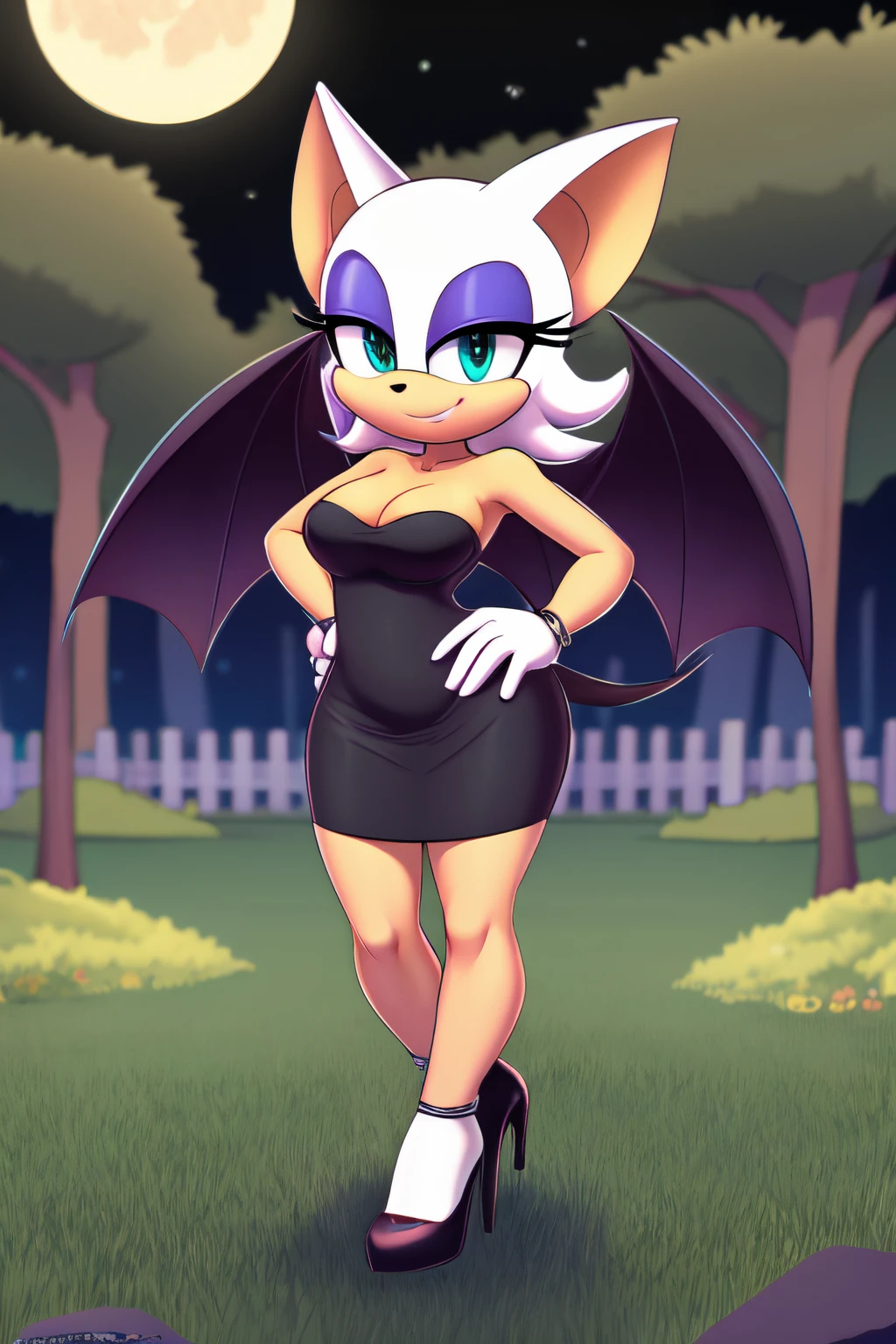 full body, rouge the bat, seductive, medium breast, bare shoulder, little black dress, strapless dress, short bodycon dress, skin-tight dress, black high heels, full moon, at night, park background smile, hands on hip, 2D illustration