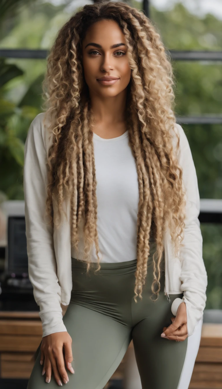 arafed woman with soft wavy boho dreadlocks with blonde highlight, photo of a beautiful woman, she has  light caramel skin with yellow undertones, gorgeous woman, mixed-race woman,  gorgeous beautiful woman, mixed race woman, with textured hair and skin, toned fit body in workout clothes, at the gym, on the treadmill