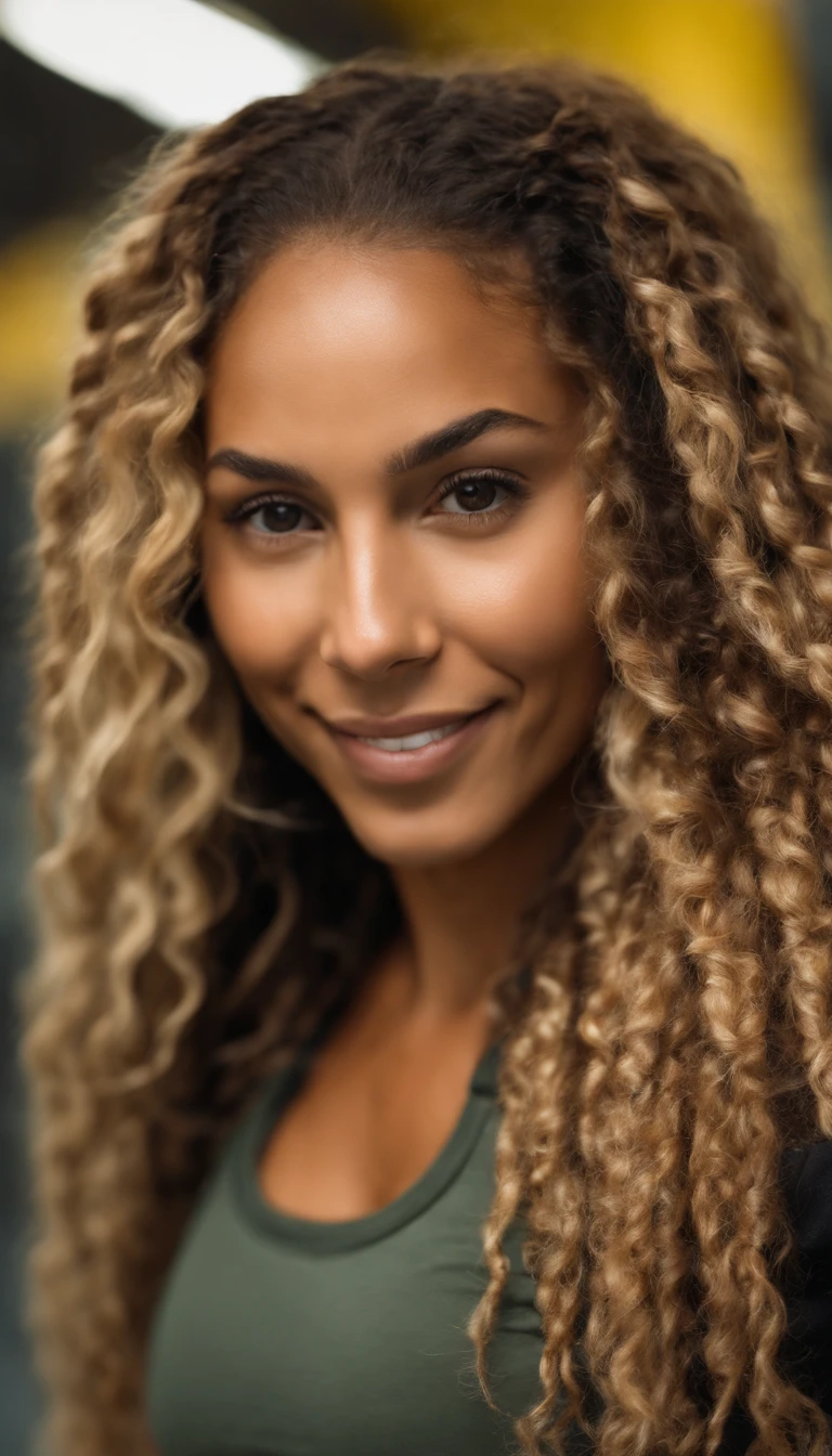 arafed woman with soft wavy boho dreadlocks with blonde highlight, photo of a beautiful woman, she has light caramel skin with yellow undertones, gorgeous woman, mixed-race woman, gorgeous beautiful woman, mixed race woman, with textured hair and skin, toned fit body in workout clothes, at the gym, on the treadmill