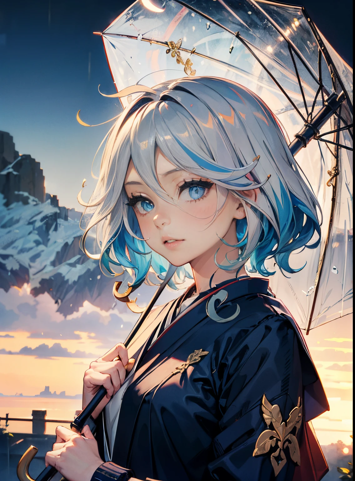 A beautiful girl with an oil-paper umbrella, 
Japanese clothes, Wafuku, Realistic, Highly detailed, Golden ratio, rained, smooth, full bodyesbian, long  white hair, perfectly shaped, Waiting for love, Nature background, Vivid, high quality model, Sharp focus, Masterpiece