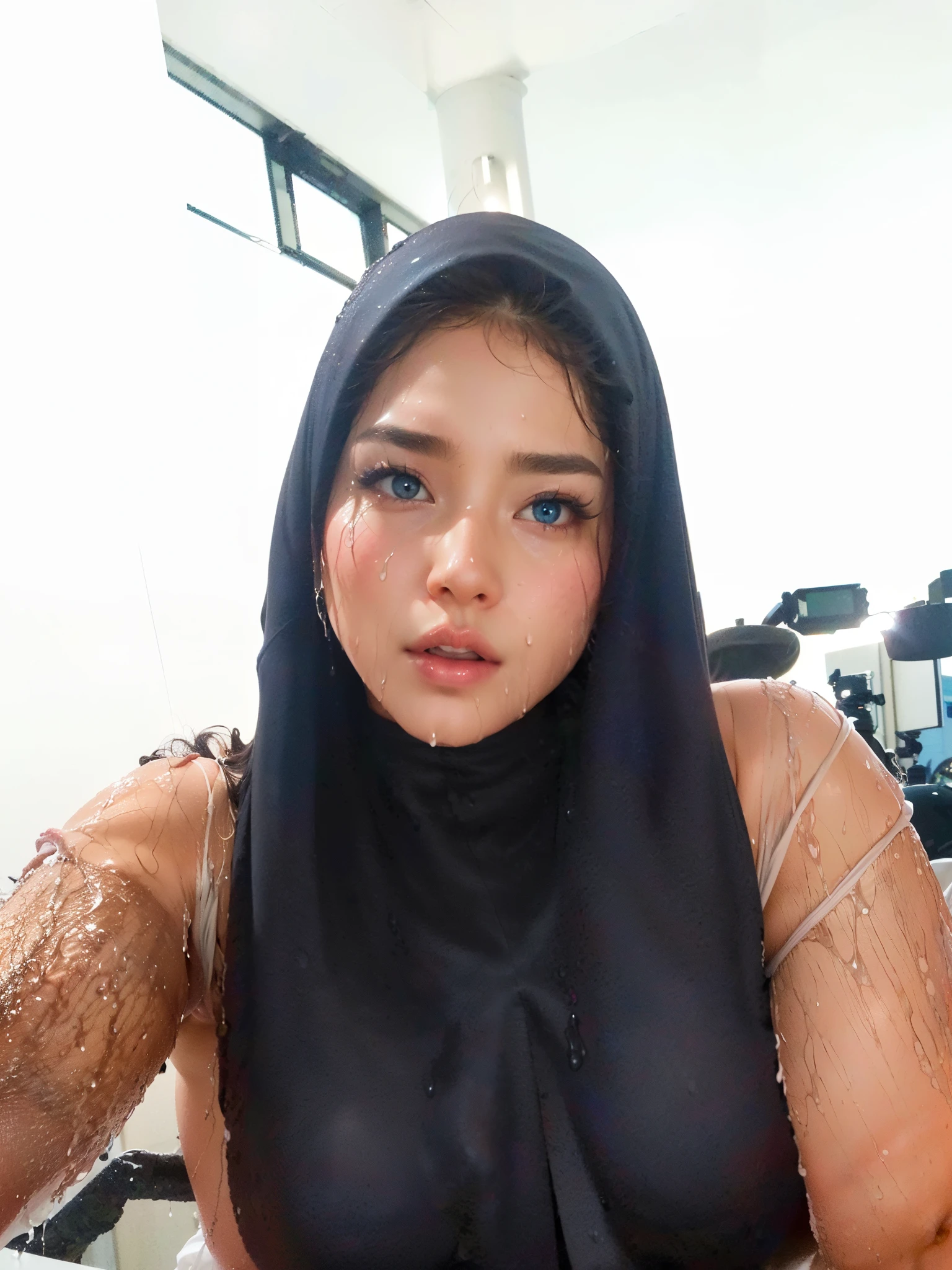 a close up of a woman with a black head scarf covering her face, with accurate face, south east asian with round face, asian face, 8k selfie photograph, with round face, face picture, very very very beautifull face, 30 years old woman, 3 0 years old woman, 1 8 yo, sexy face with full makeup, she is facing the camera