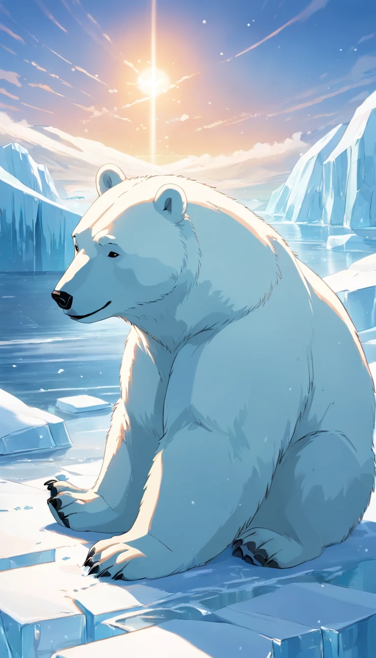 (masterpiece, best quality), a polar bear sitting at the edge of an ice cap, heavy snow fall