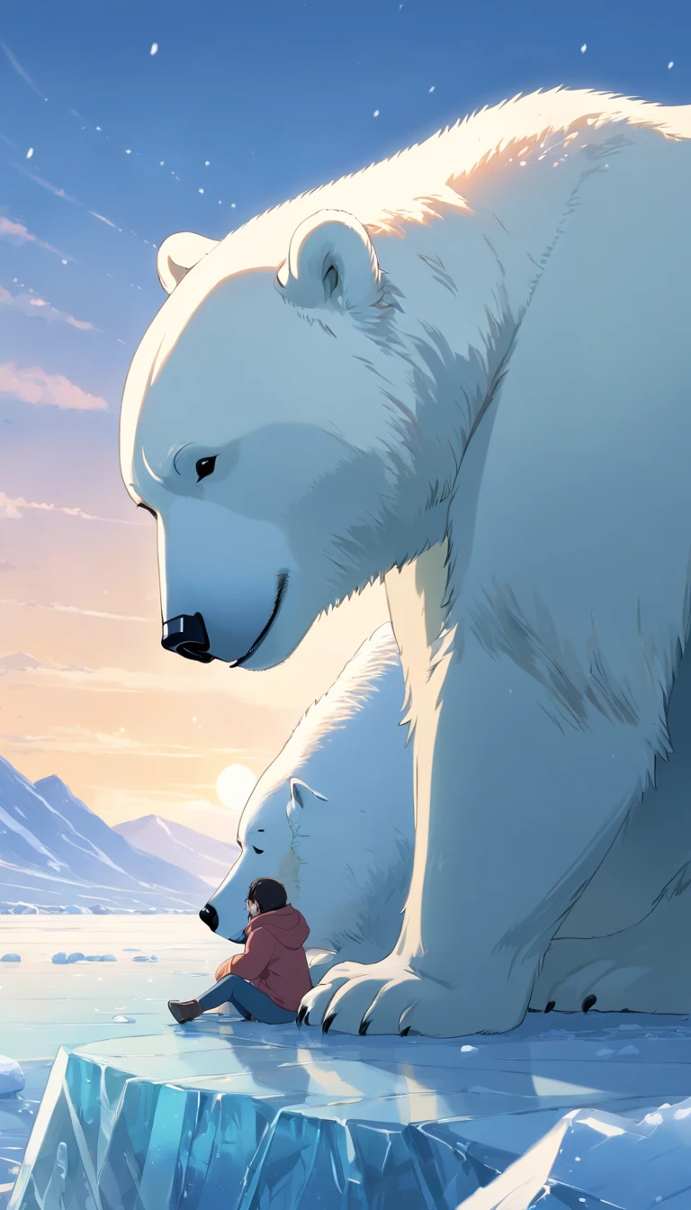 (masterpiece, best quality), a polar bear sitting at the edge of an ice cap, heavy snow fall