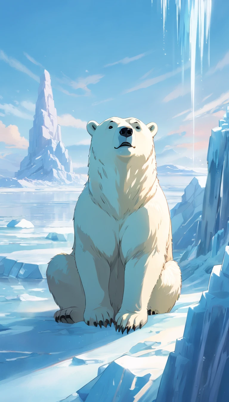 (masterpiece, best quality), a polar bear sitting at the edge of an ice cap, heavy snow fall
