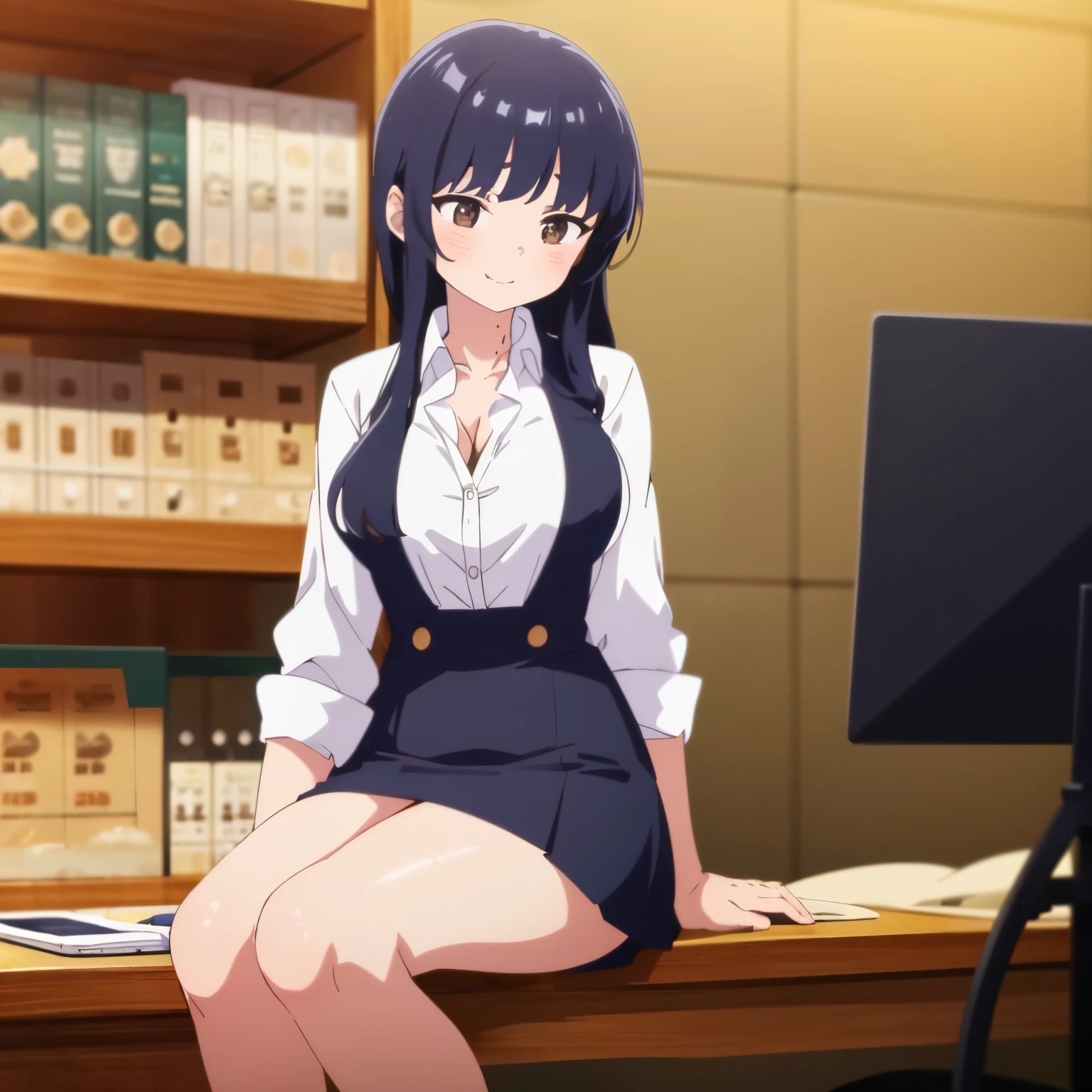 ,(masterpiece:1.2, high quality), (pixiv:1.4),Anna yamada,large breast, medium waist, medium hips, wide thighs 1 girl, alone, onigiri, black hair, food, alone, shirt, long hair, brown eyes, looking at viewer, white shirt, cleavage, navy blue skirt, short skirt, white shoes, black stockings, holding food, blush, embarrassed , smiling, mouth, closed, full body, holding, smile, collared shirt, indoors, dress shirt, bangs, show cleavage, bare legs, library, shelves, sitting, sitting on chair, legs crossed