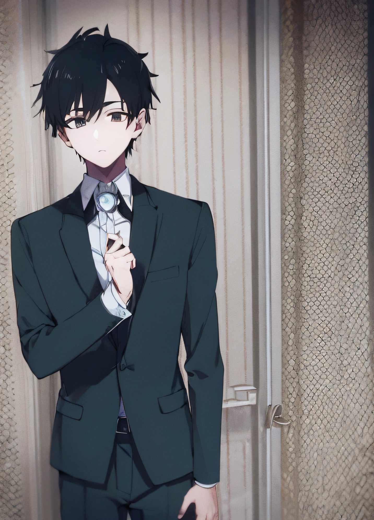 obra-prima, melhor qualidade, alta qualidade, 1boy, solo, foco masculino, olhando para o espectador, parte superior do corpo, BLACK HAIR , olhos verdes esmeralda, BLACK SUIT MAN