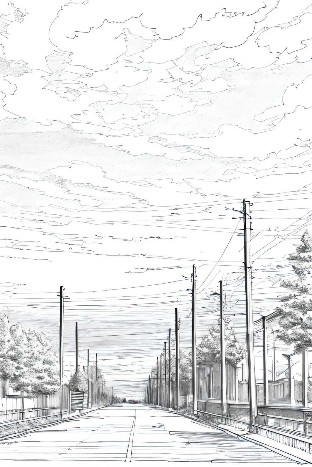 tmasterpiece,salon,freeway,clouds,that tree, white backgrounid, Mono Color, a line drawing, ((a sketch)),large scene