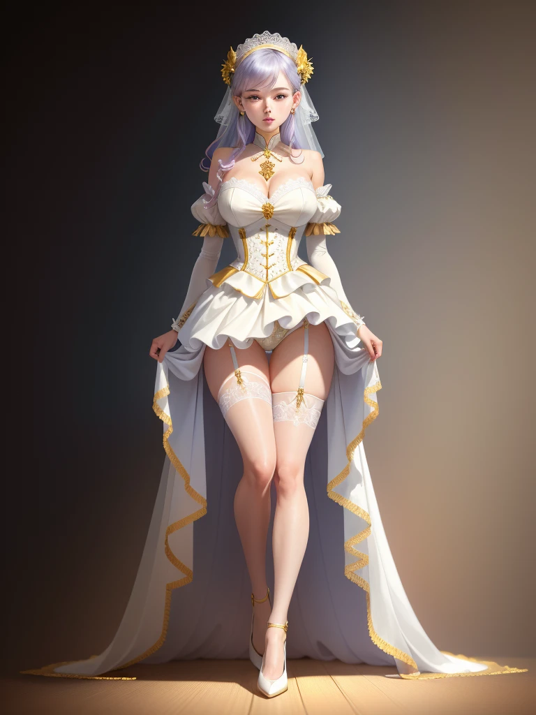 Woman in white wedding dress,White gauze headdress、Meticulous embroidery、Wear white lace gloves、Hands in golden shackles、Wearing a golden necklace around the neck、Legs in white stockings with suspenders、White lace panties clearly visible、Feet wearing white high heels、Feet in gold shackles、Showing panties and stockings、Oversized breasts,(8K、top-quality、tmasterpiece:1.8)、(intricately details:1.8)、(真实感:1.8)、octane renderings、Complex 3D Rendering Ultra Detail, Studio soft light, Edge lights, vibrant detail, super detailing, realistic skin textures, detailface, beautidful eyes, Very detailed CG Unity 16k wallpaper, cosmetics, (detailedbackground:2.0), Skin glows、Spread your legs，Lift up the skirt with both hands、exposing thighs!!!、