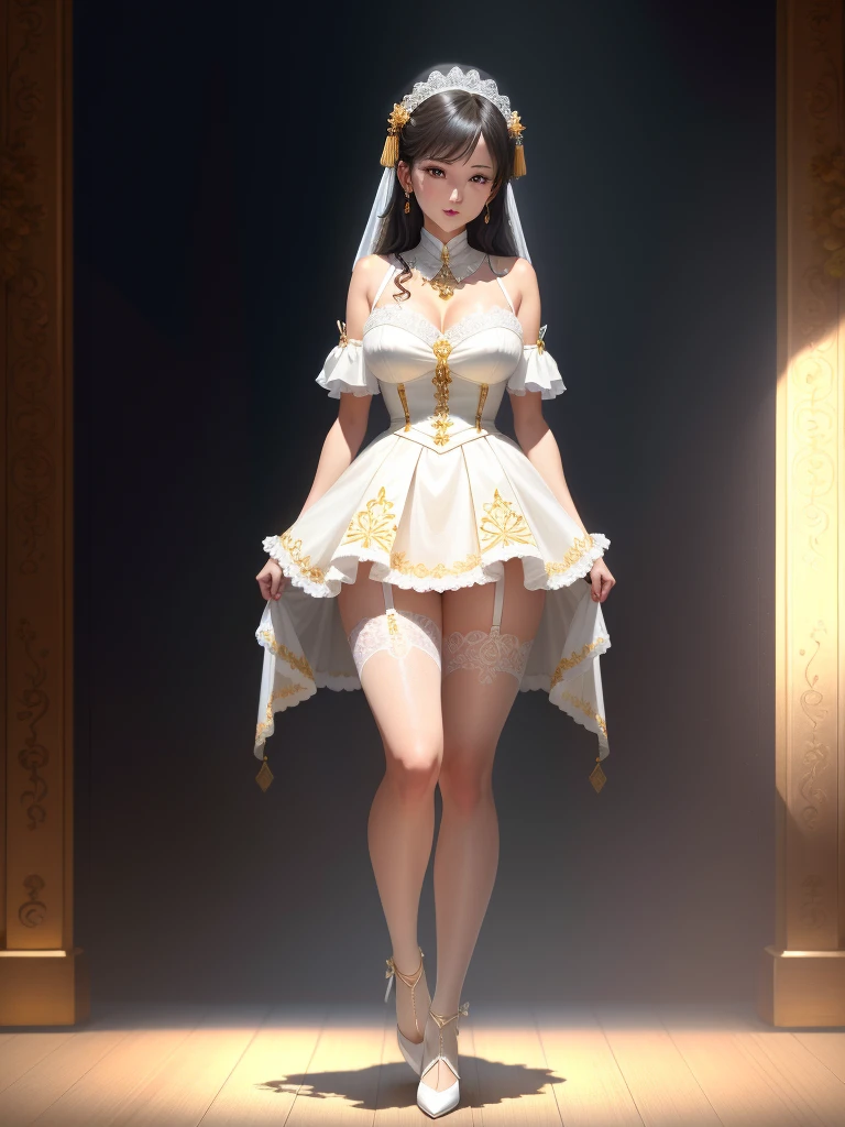 Woman in white wedding dress,White gauze headdress、Meticulous embroidery、Wear white lace gloves、Hands in golden shackles、Wearing a golden necklace around the neck、Legs in white stockings with suspenders、White lace panties clearly visible、Feet wearing white high heels、Feet in gold shackles、Showing panties and stockings、Oversized breasts,(8K、top-quality、tmasterpiece:1.8)、(intricately details:1.8)、(真实感:1.8)、octane renderings、Complex 3D Rendering Ultra Detail, Studio soft light, Edge lights, vibrant detail, super detailing, realistic skin textures, detailface, beautidful eyes, Very detailed CG Unity 16k wallpaper, cosmetics, (detailedbackground:2.0), Skin glows、Spread your legs,Lift up the skirt with both hands、exposing thighs!!!、