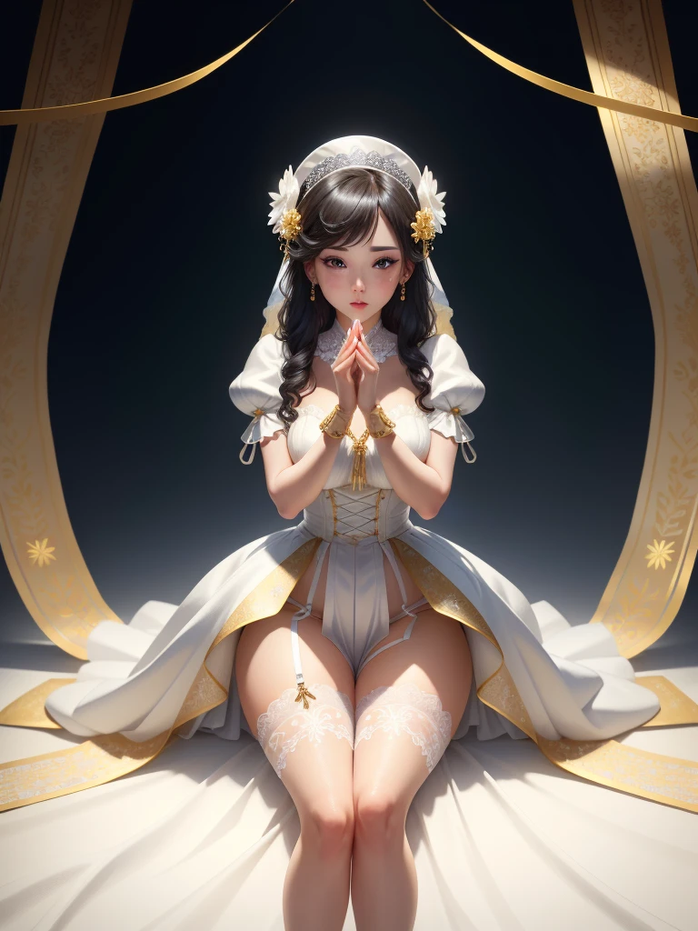 Woman in white wedding dress,White gauze headdress、Meticulous embroidery、Wear white lace gloves、Hands in golden shackles、Wearing a golden necklace around the neck、Legs in white stockings with suspenders、White lace panties clearly visible、Feet wearing white high heels、Feet in gold shackles、Showing panties and stockings、Oversized breasts,(8K、top-quality、tmasterpiece:1.8)、(intricately details:1.8)、(真实感:1.8)、octane renderings、Complex 3D Rendering Ultra Detail, Studio soft light, Edge lights, vibrant detail, super detailing, realistic skin textures, detailface, beautidful eyes, Very detailed CG Unity 16k wallpaper, cosmetics, (detailedbackground:2.0), Skin glows、Spread your legs，Lift up the skirt with both hands、exposing thighs!!!、