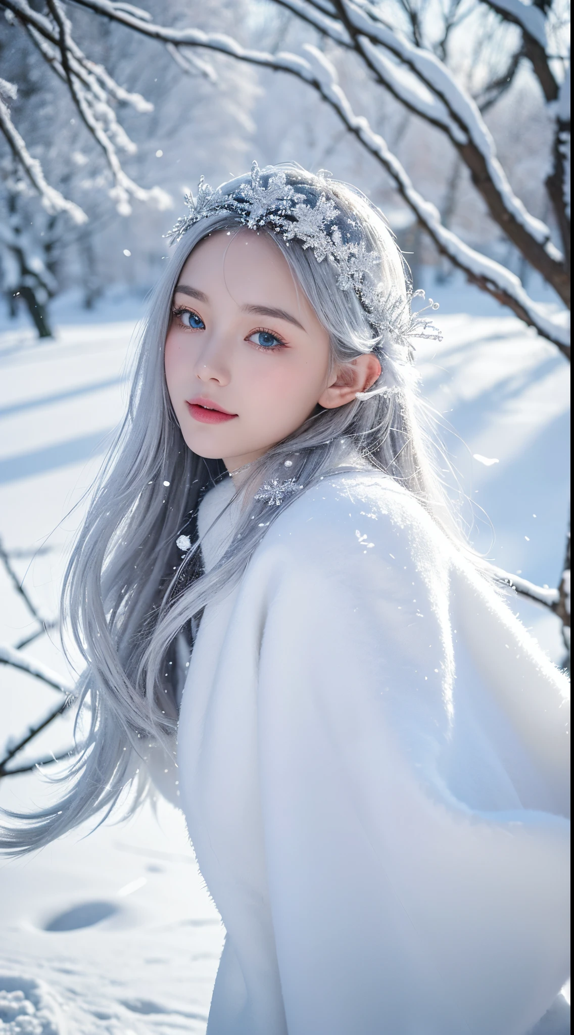(Best quality at best,A high resolution,ultra - detailed,actual),The white,A world covered in silver, tree branches covered with snow, cold winter touch, Snowflakes dance like elves, Turn the world into a silver fairy tale, Chilly winds, Peaceful and beautiful snow scene, Cosy and peaceful