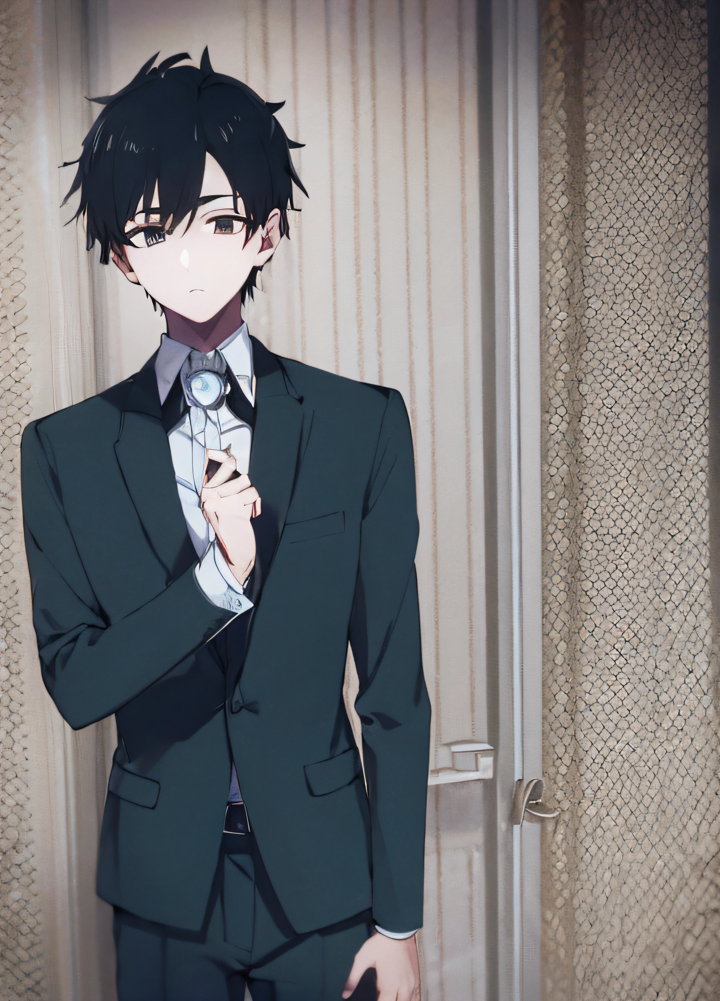obra-prima, melhor qualidade, alta qualidade, 1boy, solo, foco masculino, olhando para o espectador, parte superior do corpo, BLACK HAIR , olhos verdes esmeralda, BLACK SUIT MAN