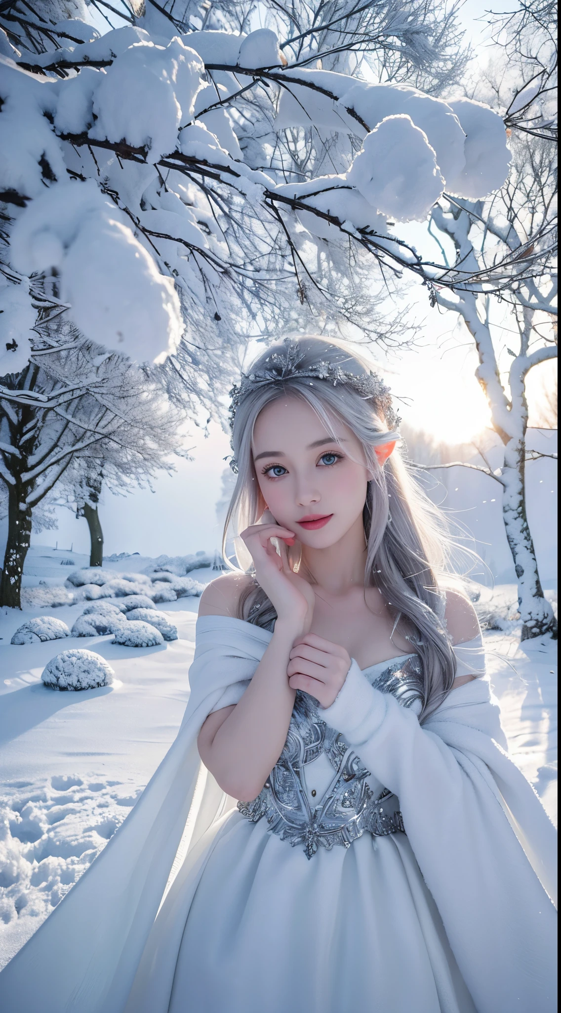 (Best quality at best,A high resolution,ultra - detailed,actual),The white,A world covered in silver, tree branches covered with snow, cold winter touch, Snowflakes dance like elves, Turn the world into a silver fairy tale, Chilly winds, Peaceful and beautiful snow scene, Cosy and peaceful