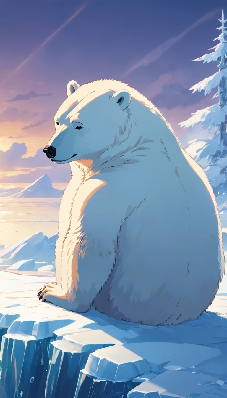 (masterpiece, best quality), a polar bear sitting at the edge of an ice cap, heavy snow storm, low visibility