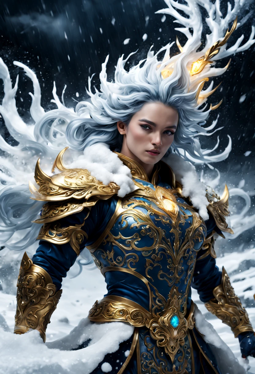 (snow art, snow theme:1.4), snow Deity, floating on the sky, immense power, hovering above the sea, snow stormy ocean waves below, crackling lightning in fingertips, dramatic stormy clouds gathering, dynamic swirling winds, dark blue and grey color palette, ancient deity aura, snow-shaped ornaments in hair, glowing aura of electricity, ornate gold and silver armor, commanding presence, eye of the storm backdrop, (Motion Blur), (best composition), ultra-wide-angle, octane render, enhance, intricate, (best quality, masterpiece, Representative work, official art, Professional, unity 8k wallpaper:1.3)