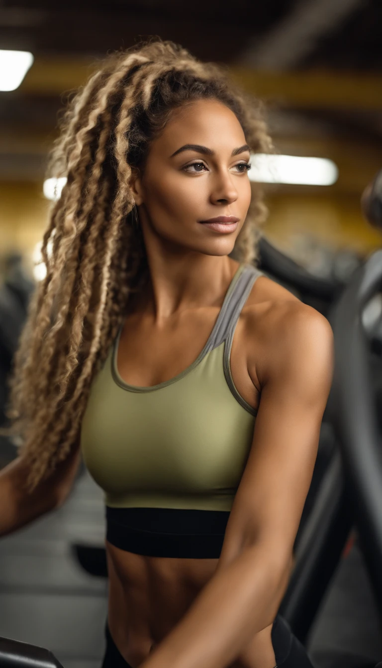 arafed woman with soft wavy boho dreadlocks with blonde highlight, photo of a beautiful woman, she has  light caramel skin with yellow undertones, gorgeous woman, mixed-race woman,  gorgeous beautiful woman, mixed race woman, with textured hair and skin, toned slender body in workout clothes, at the gym, on the treadmill