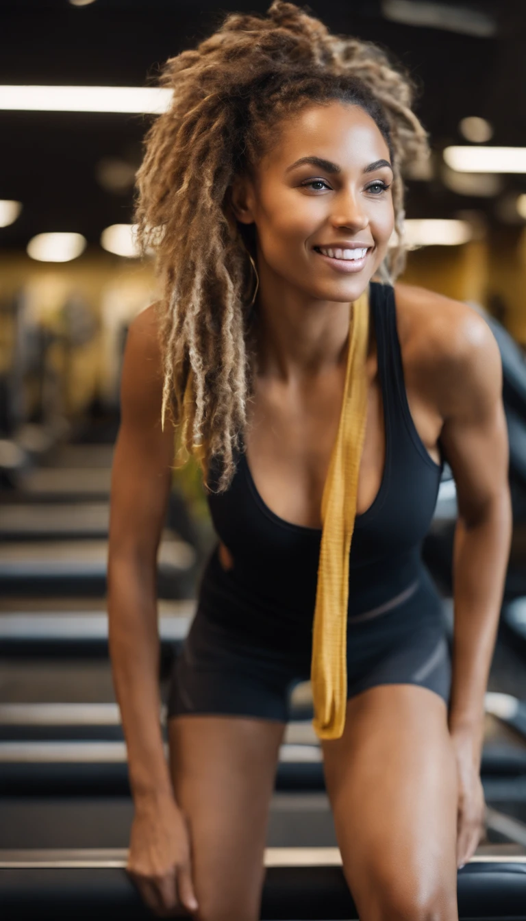 arafed woman with soft wavy boho dreadlocks with blonde highlight, photo of a beautiful woman, she has light caramel skin with yellow undertones, gorgeous woman, mixed-race woman, gorgeous beautiful woman, mixed race woman, with textured hair and skin, toned slender body in workout clothes, at the gym, on the treadmill