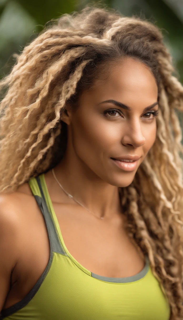 arafed woman with soft wavy boho dreadlocks with blonde highlight, photo of a beautiful woman, she has light caramel skin with yellow undertones, gorgeous woman, mixed-race woman, gorgeous beautiful woman, mixed race woman, with textured hair and skin, in workout clothes at the gym on the treadmill
