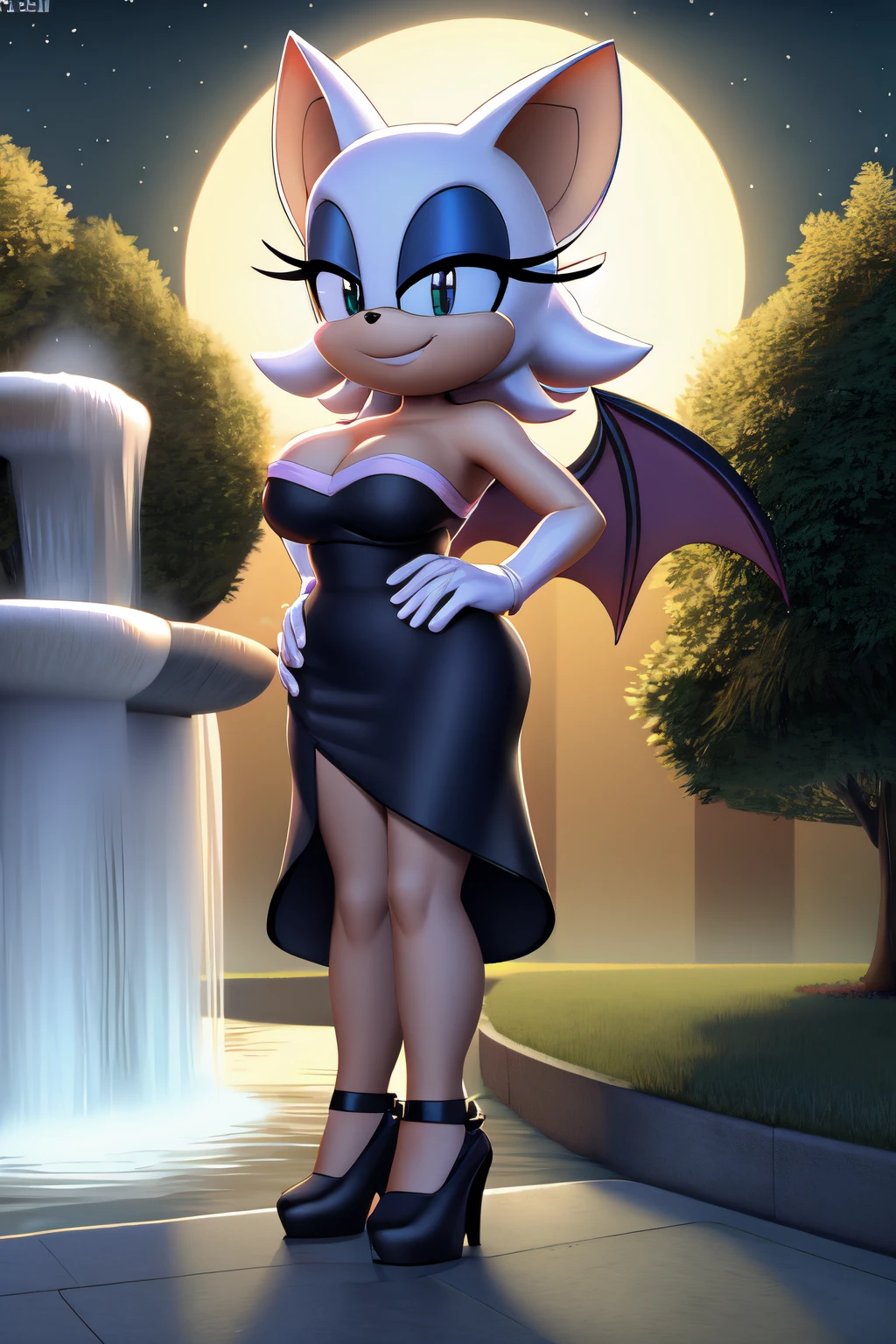 4k, 8k, masterpiece, full body, rouge the bat, seductive, medium breast, bare shoulder, little black dress, strapless dress, short bodycon dress, skin-tight dress, black high heels, full moon, at night, park background smile, hands on hip, standing next to a water fountain, 2D illustration