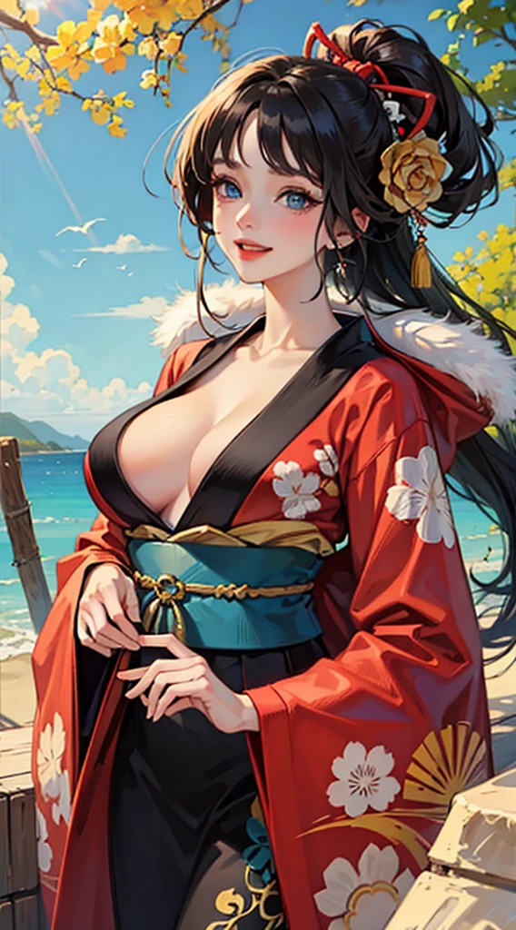 Adult woman, long black hair, blue eyes, open kimono, open breasts, big breasts, smile, masterpiece, high quality