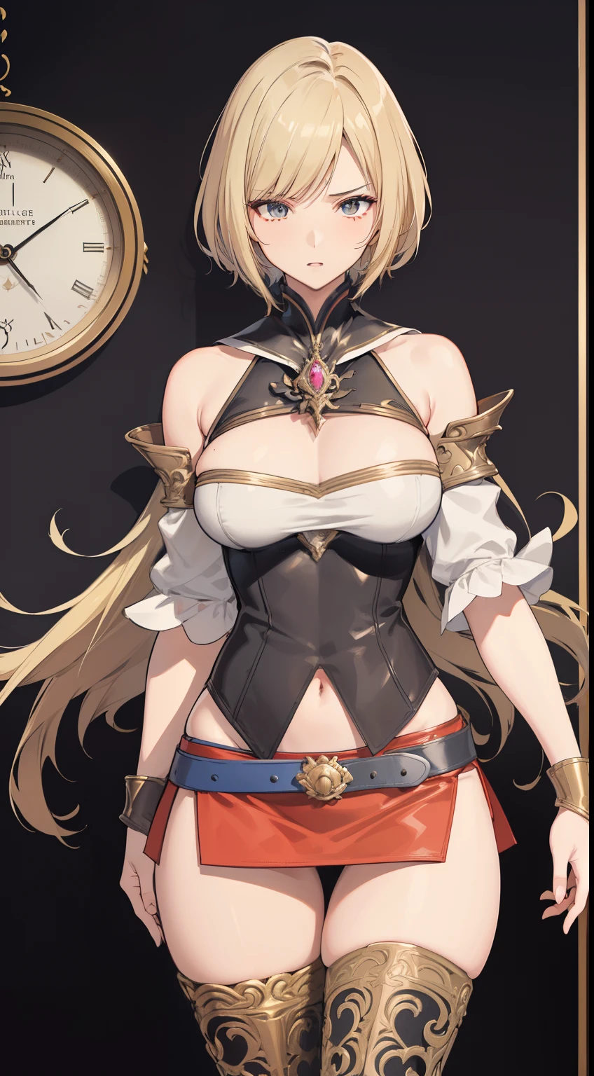 Highkick,(the golden ratio,masutepiece, of the highest quality, Best Quality, Beautiful and aesthetic:1.2), ighly detailed, Colorful,highest details,Illustrations, fantastical scenes, (Adults,age19,1girl in, Solo, Final Fantasy 12,Ashelia, shorth hair, short-hair,Ashelia Costume, Colossal tits, a miniskirt,thigh high boots, thighs thighs thighs thighs, jewely,Contemptuous look