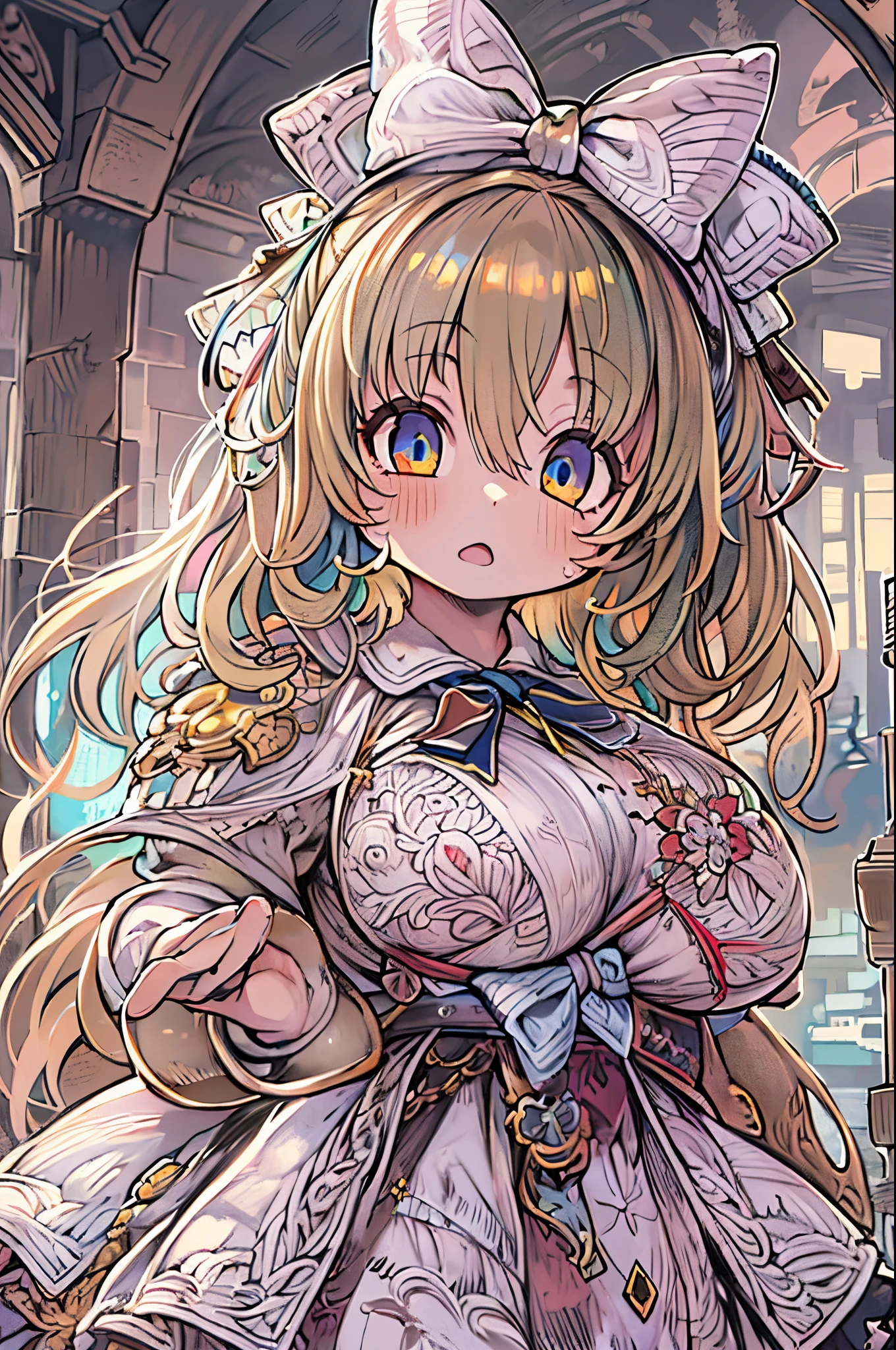 1girl in, masutepiece, Best Quality, 8K, Detailed skin texture, Detailed Cloth Texture, beautifull detailed face, Intricate details, ultra-detailliert, Alice in Wonderland, (Bow on her head:1.1), Upper body