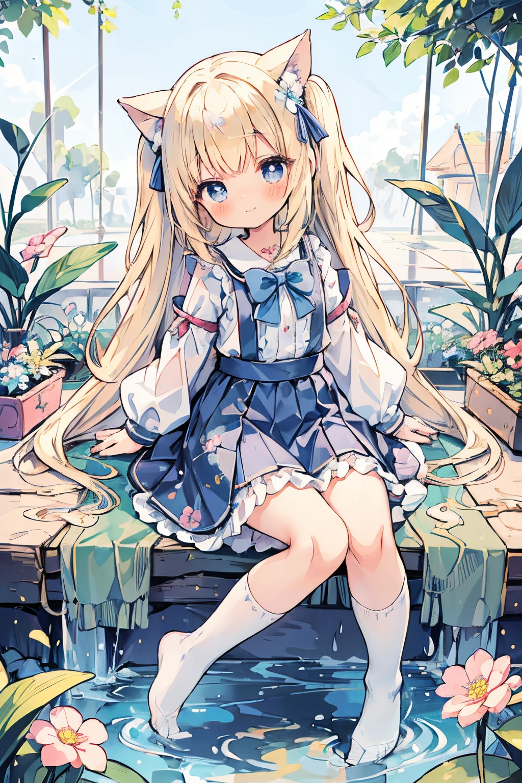 masterpiece best quality extremely detailed anime ((((little female child)))) ((****)) ((toddler)) ((preschooler)) two side up long blonde hair white blouse blue suspender skirt school uniform long sleeves long pleated skirt ((long)) skirt blue eyes blue socks outdoors floral garden kindergarten preschool embarrassed ((blush)) smile closed mouth [[blue eyes]]