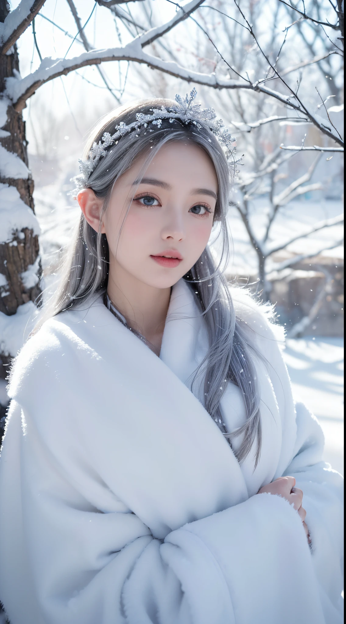 (tmasterpiece，8k,Best quality at best,A high resolution,ultra - detailed,ultra-realistic realism),The white,A world covered in silver, tree branches covered with snow, cold winter touch, Snowflakes dance like elves, Turn the world into a silver fairy tale, Chilly winds, Peaceful and beautiful snow scene, Cosy and peaceful