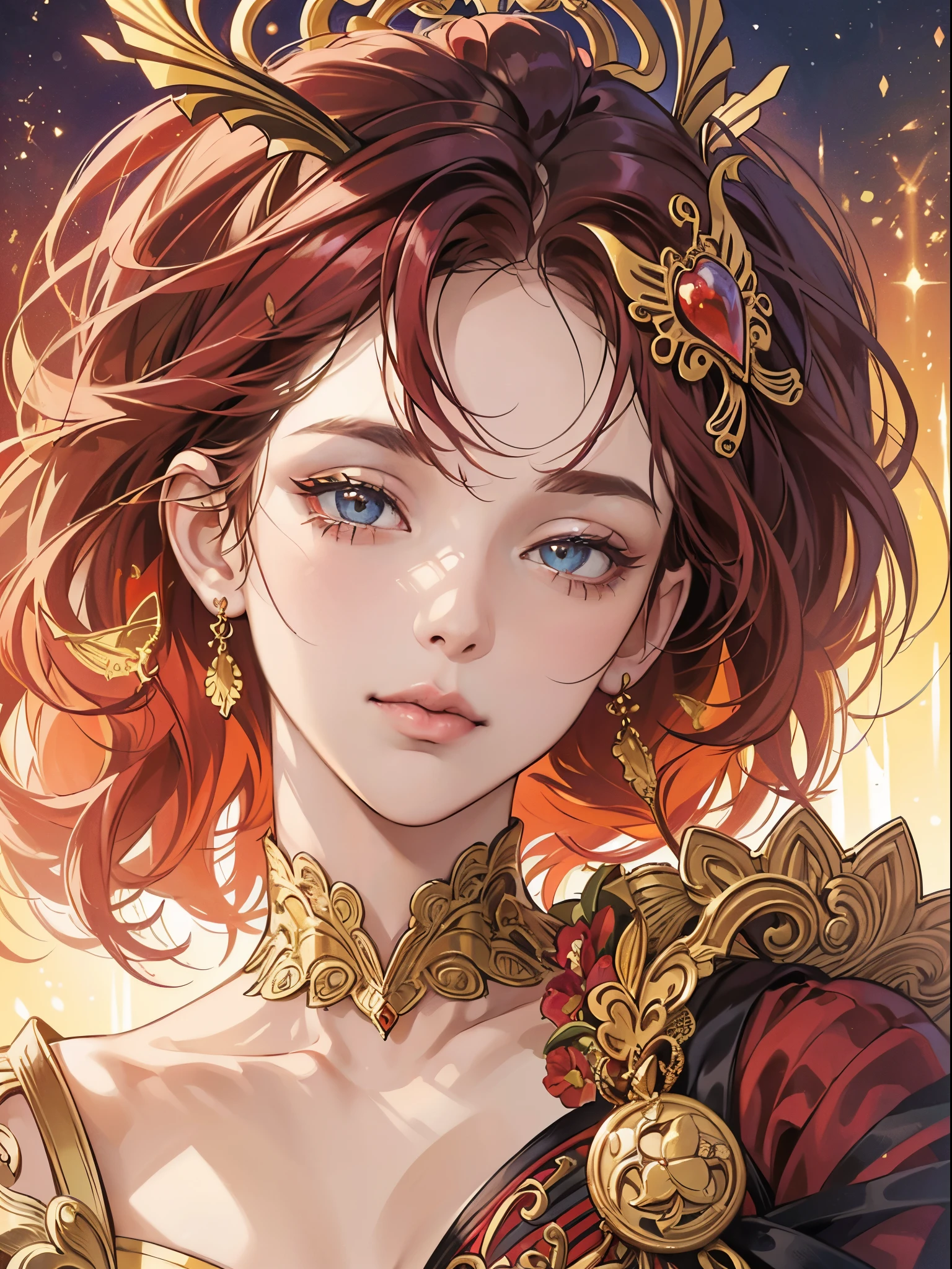 Butterfly motif、scarlet and gold tones、Vibrant colors、((​masterpiece)))、(((top-quality)))、((ultra-detailliert))、(A hyper-realistic)、(highly detailed CGillustration）、Official art、Venice at the beginning of the 20th century、Decadent、Madame Papillon、Cool Beauty、Masquerade、refinement、Elegance、Gorgeous、Colorful and detailed mask design、matchless beauty、Fans、gorgeous dress、jewely、Female Solo、Perfect Angle、perfect-composition、Face close-up