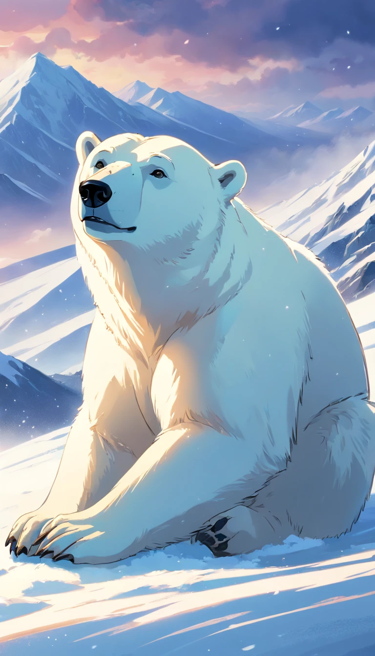 (masterpiece, best quality), a polar bear sitting at the edge of a snowy mountain, heavy snow storm, low visibility