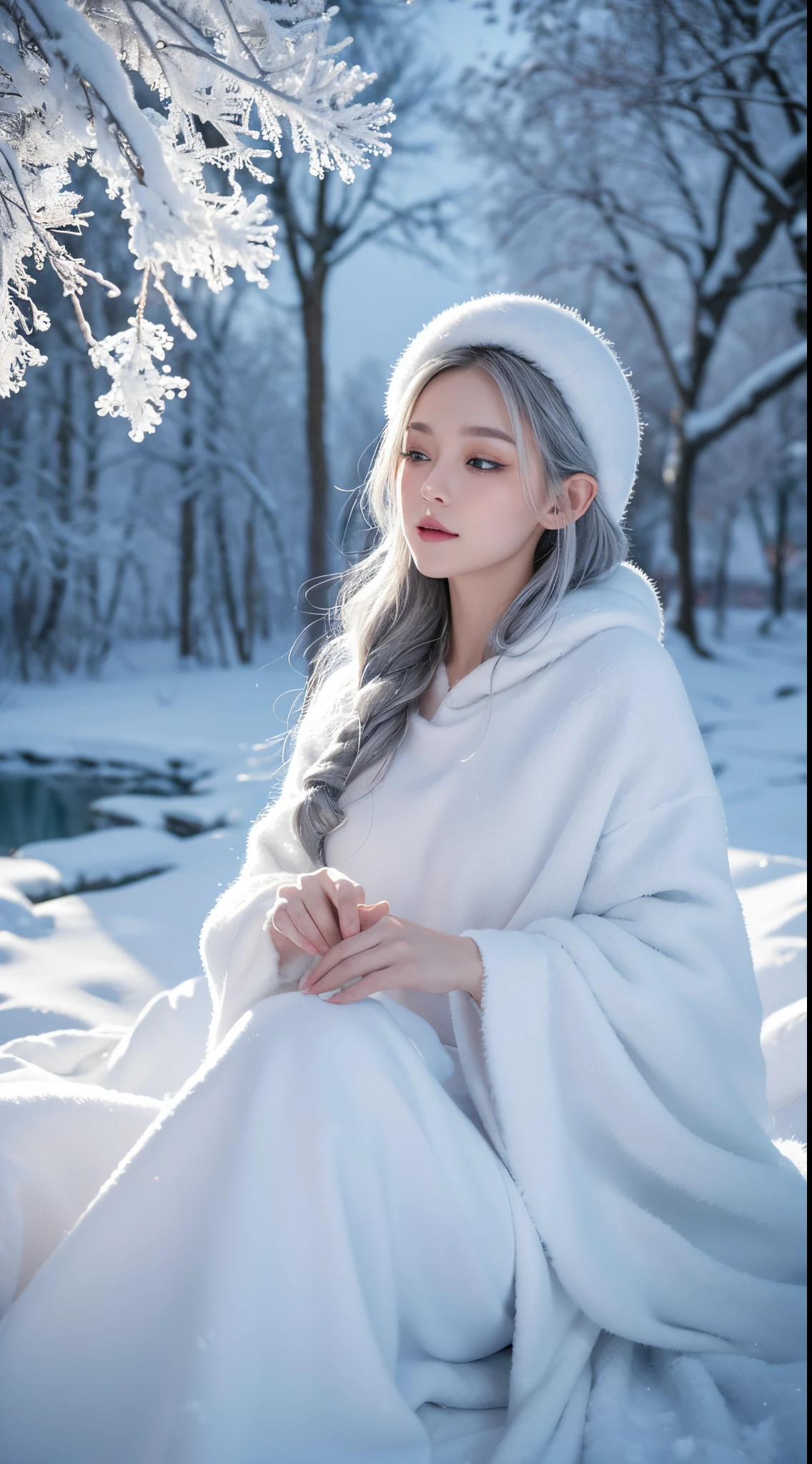 (tmasterpiece,8k,Best quality at best,A high resolution,ultra - detailed,ultra-realistic realism),The white,A world covered in silver, tree branches covered with snow, cold winter touch, Snowflakes dance like elves, Turn the world into a silver fairy tale, Chilly winds, Peaceful and beautiful snow scene, Cosy and peaceful