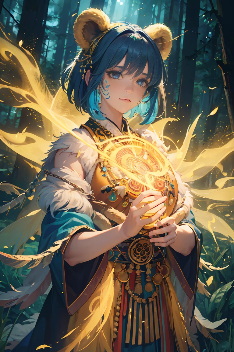 (best quality,4k,highres,realistic:1.2),detailed shaman with a unique haircut,yellow aura in the shape of a bear,medium:spiritualism,forest background,feathers,colorful face paint,ancient symbols,transcendent experience,harmonious nature,soft lighting,vibrant colors