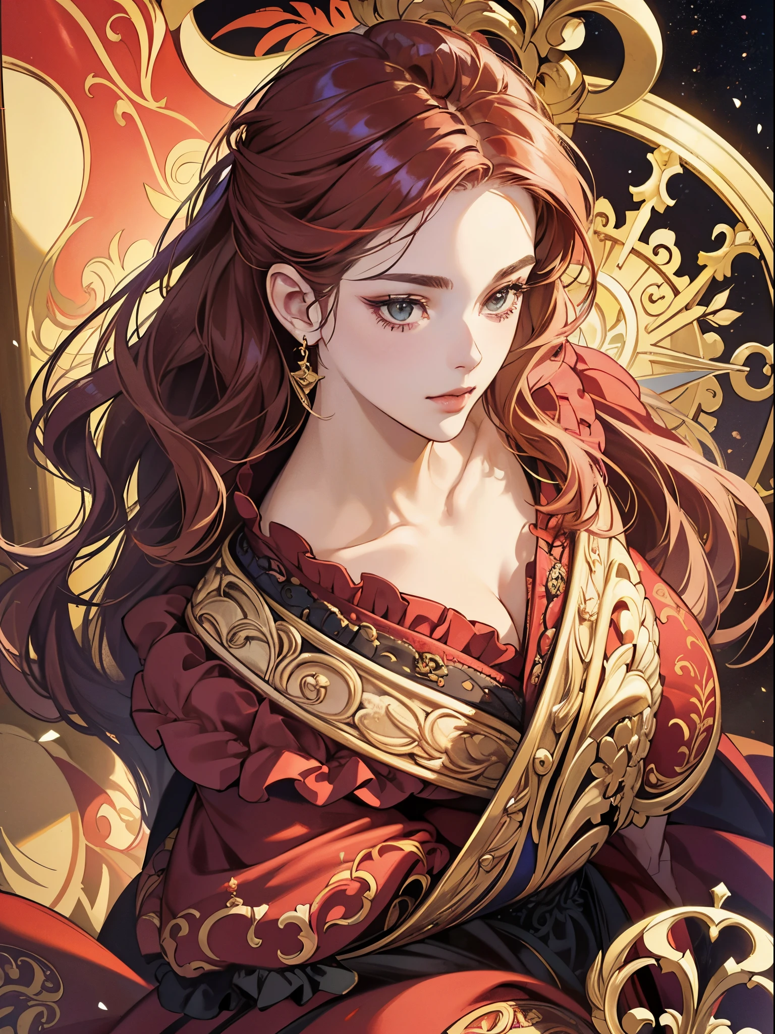 Butterfly motif、scarlet and gold tones、Vibrant colors、((masterpiece)))、(((top-quality)))、((ultra-detailliert))、(A hyper-realistic)、(highly detailed CGillustration)、Official art、Venice at the beginning of the 20th century、Decadent、Madame Papillon、Cool Beauty、Masquerade、refinement、Elegance、Gorgeous、Colorful and detailed mask design、matchless beauty、Fans、gorgeous dress、jewely、Female Solo、Perfect Angle、perfect-composition、Face close-up